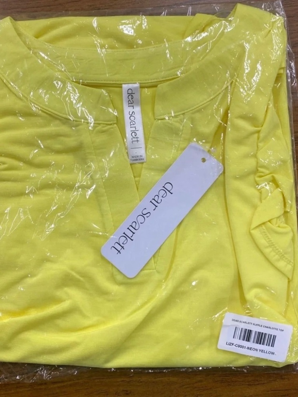 New Dear Scarlett Neon Yellow Ruffle Sleeve Lizzy Top V Neck Relaxed Fit Shirt - Picture 5 of 6